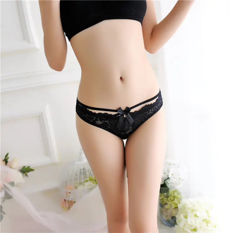 Women's Bowknot Thong Panties with Sheer Lace Design
