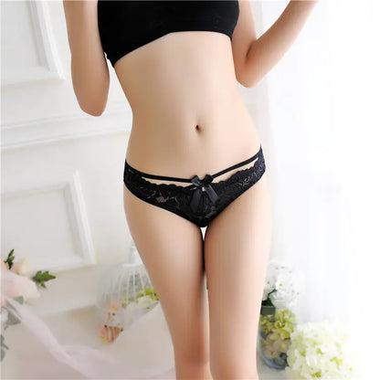 Women's Bowknot Thong Panties with Sheer Lace Design