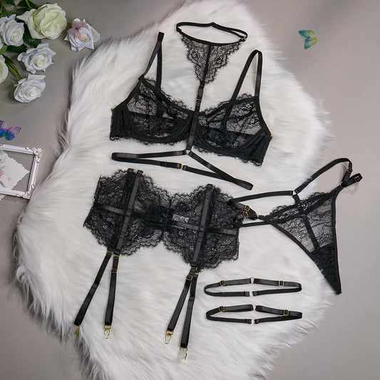 Lace and Fishbone Design 3-Piece Lingerie Set