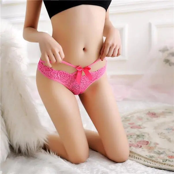 Women's Bowknot Thong Panties with Sheer Lace Design