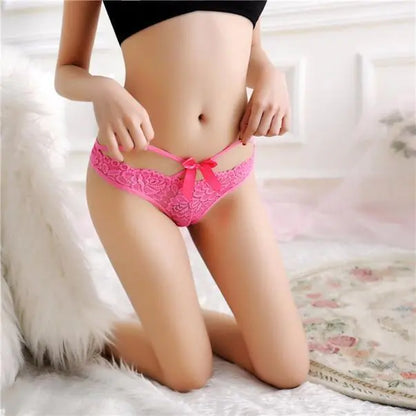 Women's Bowknot Thong Panties with Sheer Lace Design