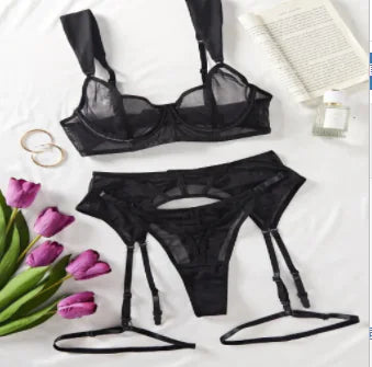 Sensual Lingerie Set with Sheer Lace and Garters (One Set)