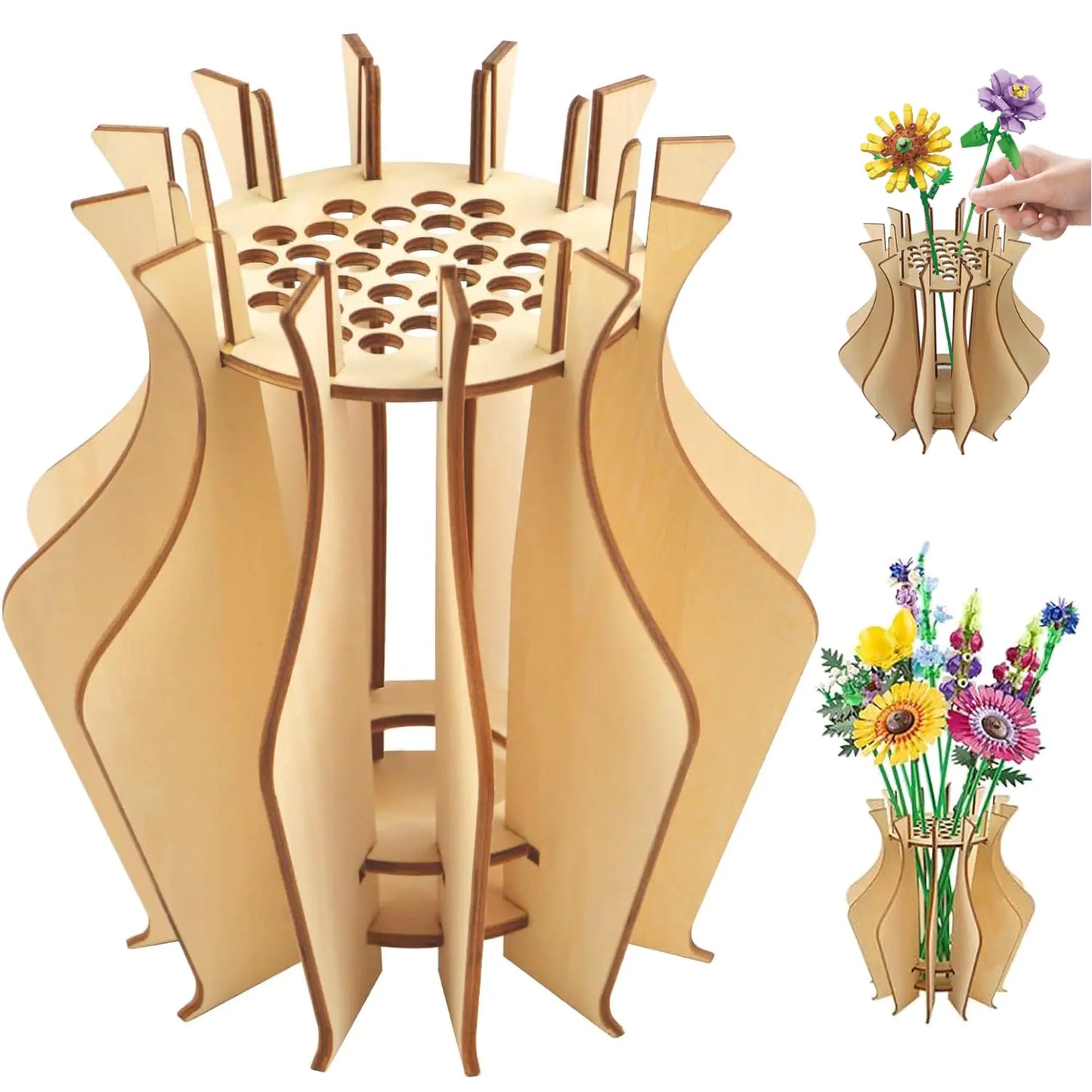 Wooden Vase for Lego Flowers Vase Building Set for Roses Wooden Puzzle Flower Vase for Lego Flower Bouquet Building Set Display Stand for Lego Flower Gift for Flower Lovers Adults and Women